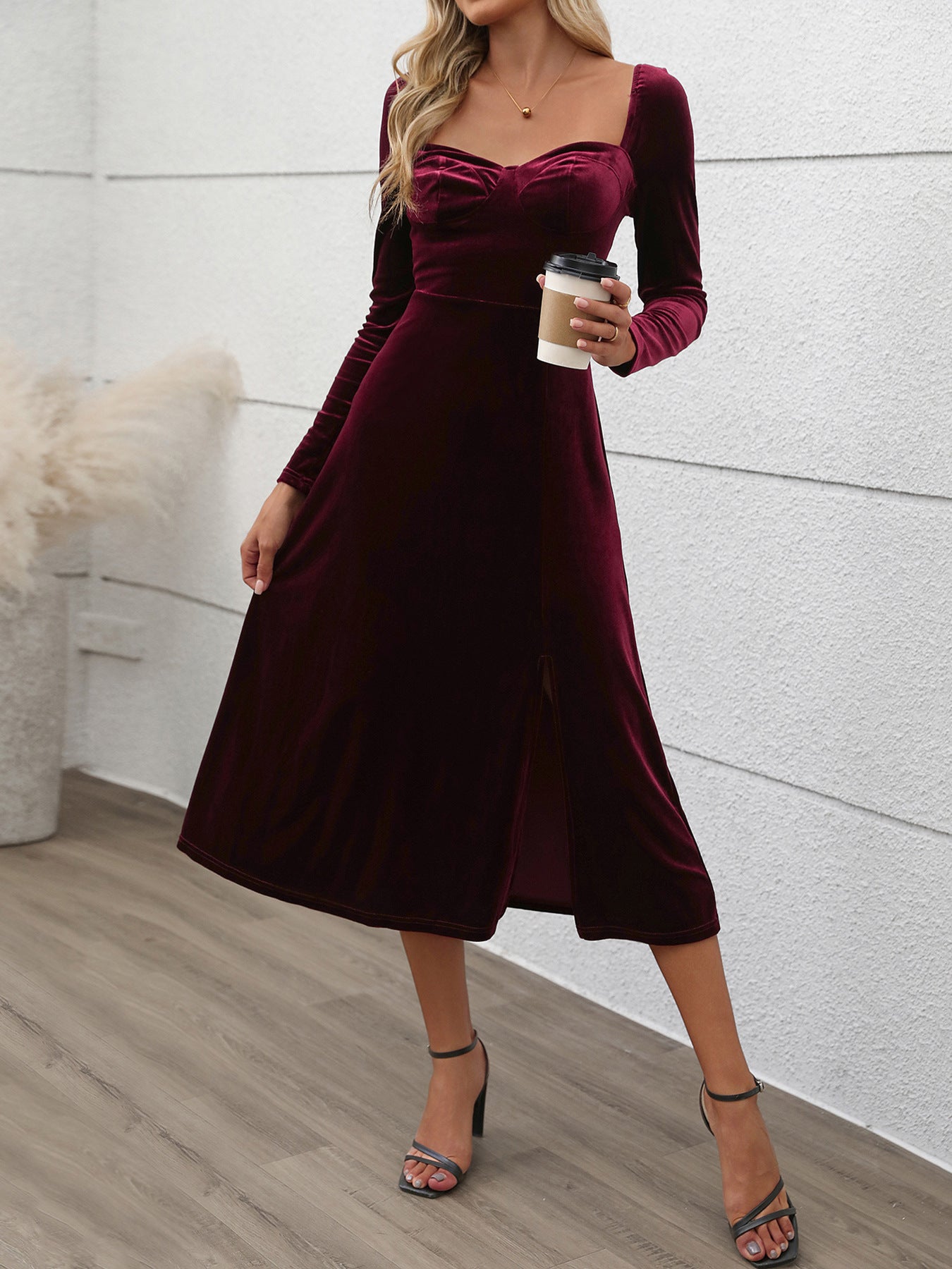 Perfee Sweetheart Neck Long Sleeve Midi Dress – Collections for Her