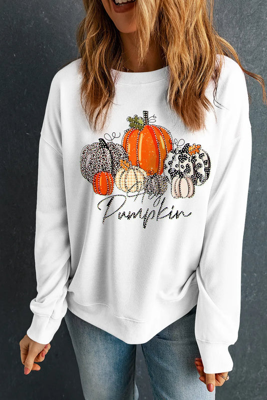 Sweatshirt mit Rundhalsausschnitt und überschnittener Schulterpartie und Kürbis-Grafik