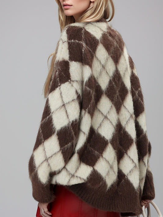 Karierte Strickjacke mit V-Ausschnitt und Knopfleiste