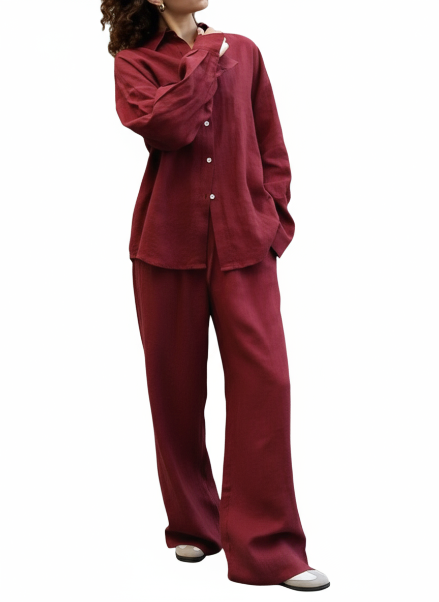 Relaxed Fit Button Up Shirt and Pants Two-Piece Set