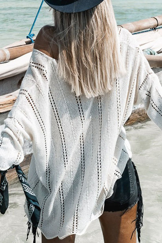 Durchbrochenes Strickoberteil mit V-Ausschnitt und langen Ärmeln