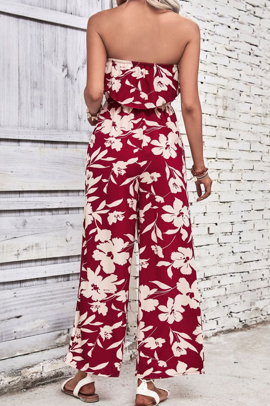 Trägerloser Jumpsuit mit Blumenmuster und weitem Bein