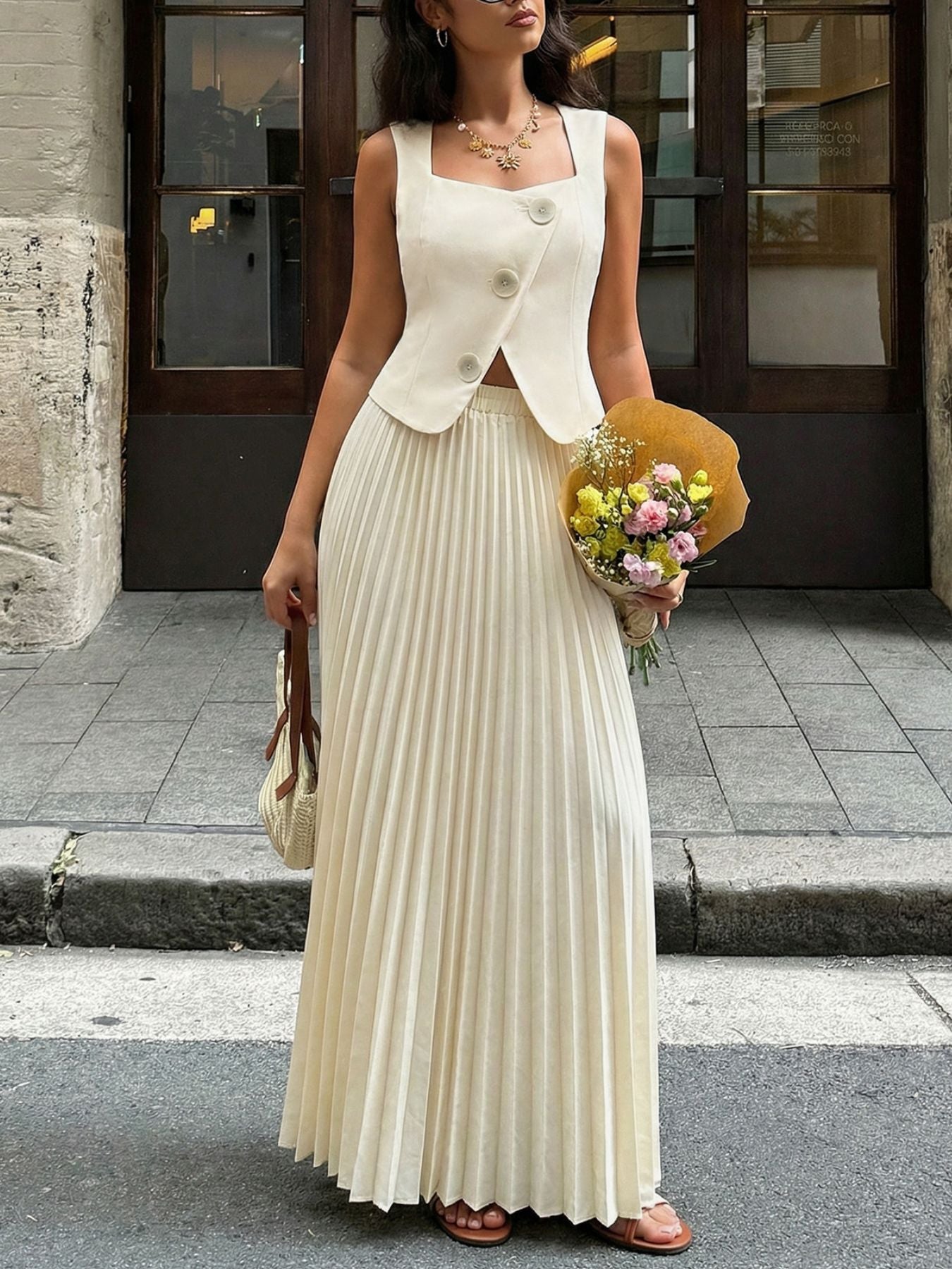 vest dress with pleated skirt Lindsey Pleated Mini Taupe Vest Dress