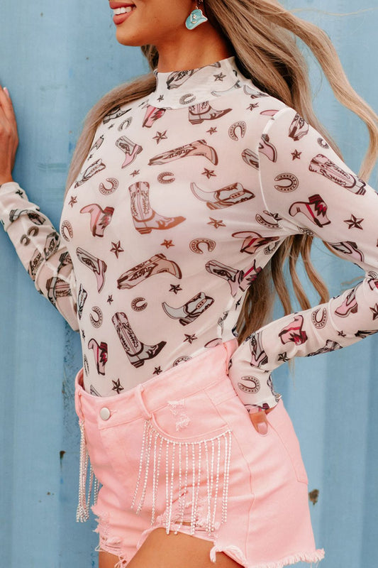 Bedruckter Body mit Rollkragen und langen Ärmeln