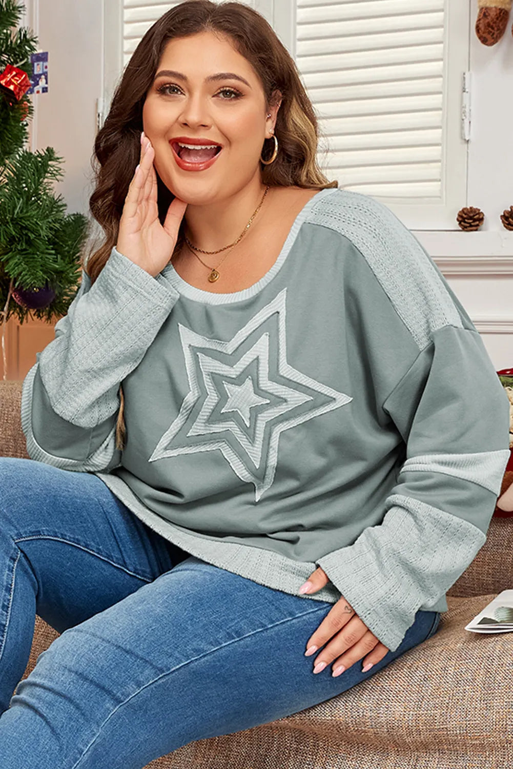 Plus Size Star Langarm-Top mit Rundhalsausschnitt