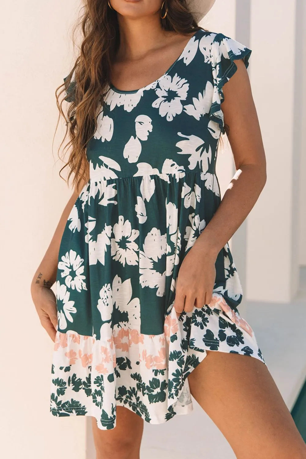 Floral Print Ruffle Sleeve Empire Waist Mini Dress  Collections for Her