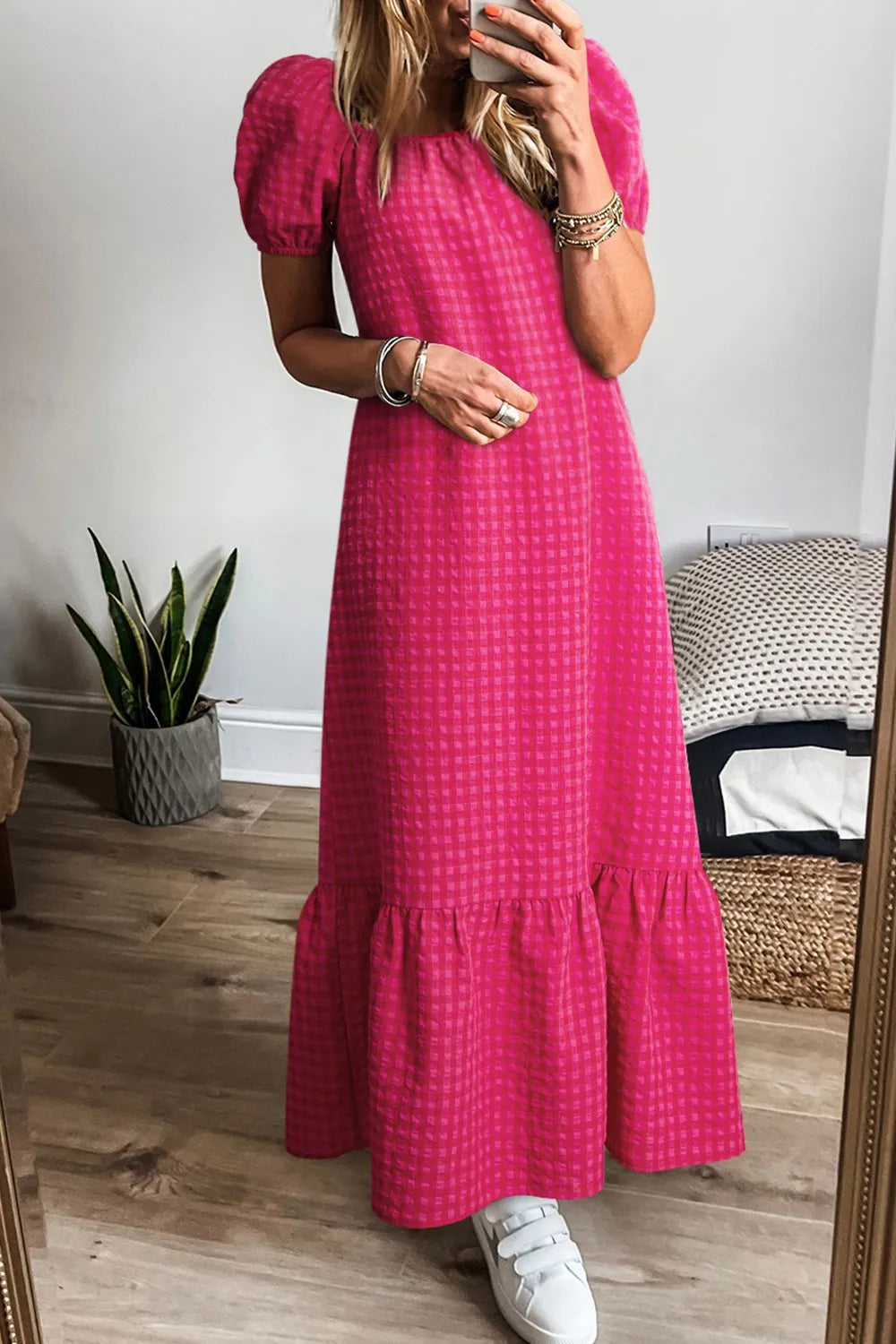 SYNZ Gingham Check Bubble Sleeve Ruffled Maxi Dress – Collections for Her