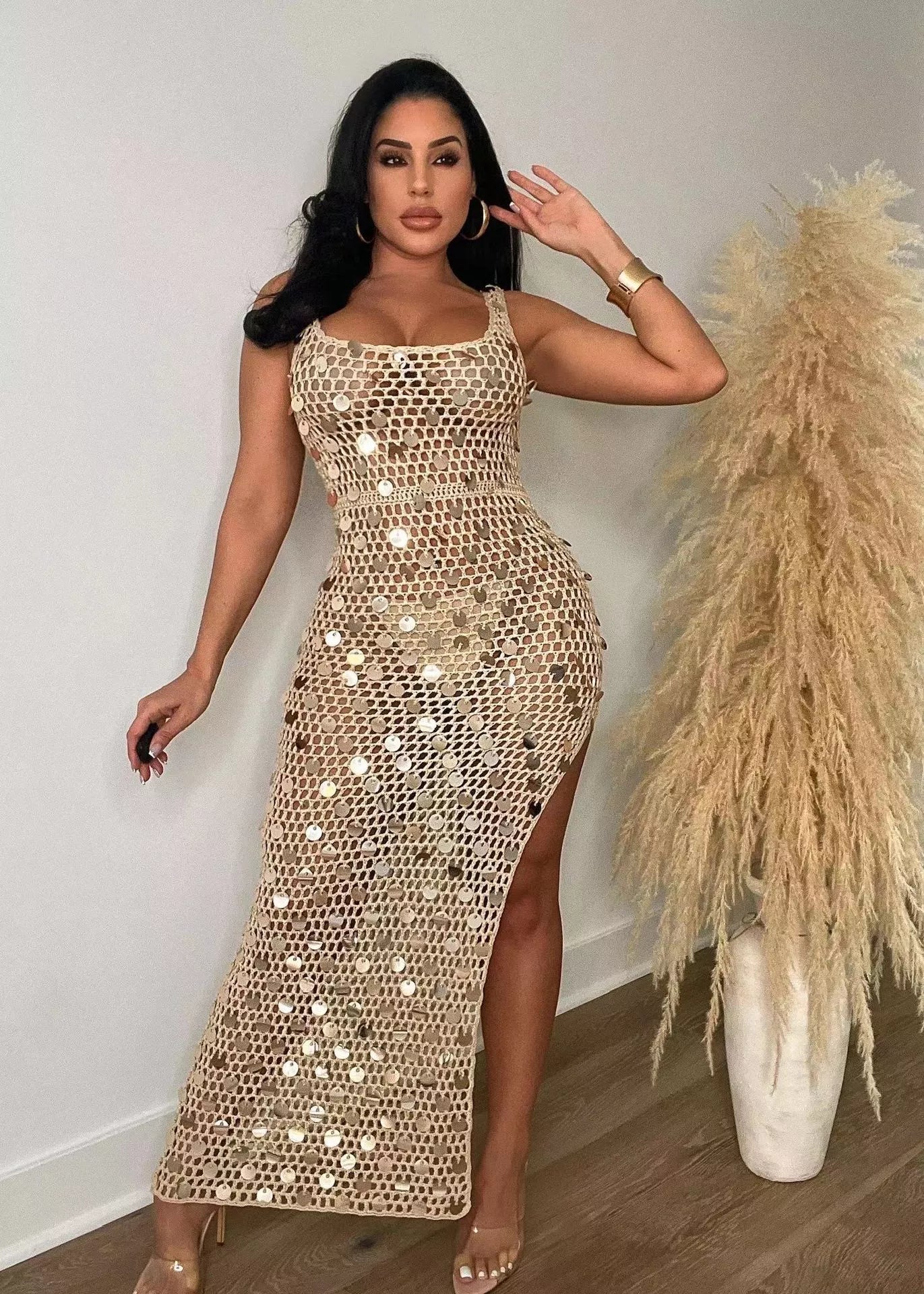 Sequin Embellished Crochet Maxi Dress with High Slit – Collections for Her