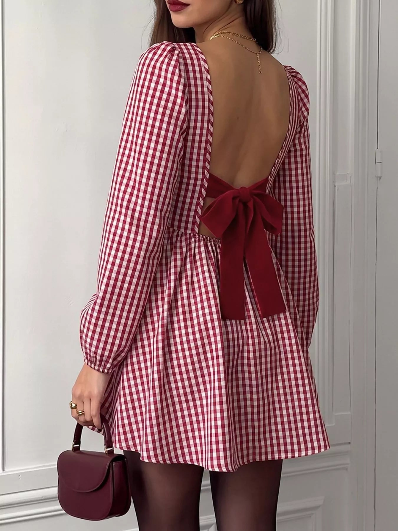 backless gingham dress Plaid Long Sleeve – Collections for Her Honey Light Blue Mini Size:2 Turn heads in this orange gingham dress sale_outlet