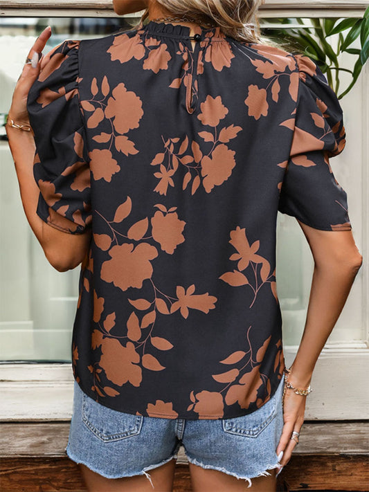 Bluse mit Rundhalsausschnitt, Puffärmeln und Rüschenprint