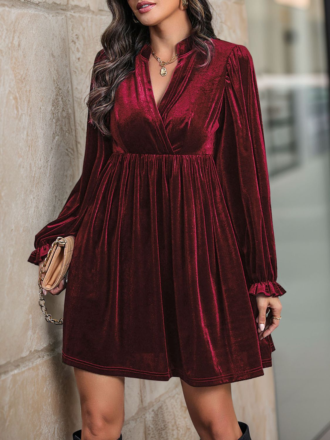 Perfee Ruched Surplice Long Sleeve Mini Dress – Collections for Her