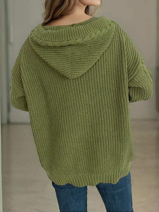 Langärmlige Strickjacke mit Kapuze und Zopfmuster