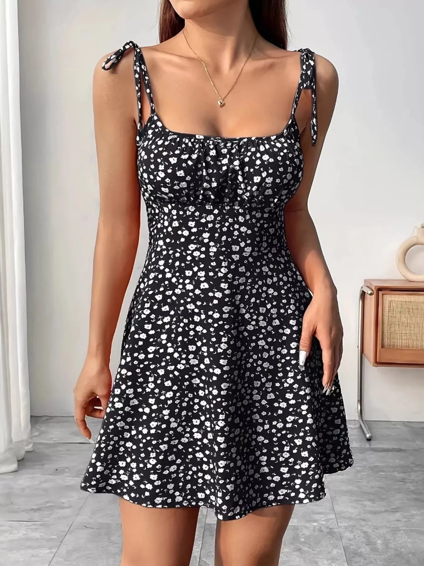 Floral Print Tie Strap Mini Dress – Collections for Her