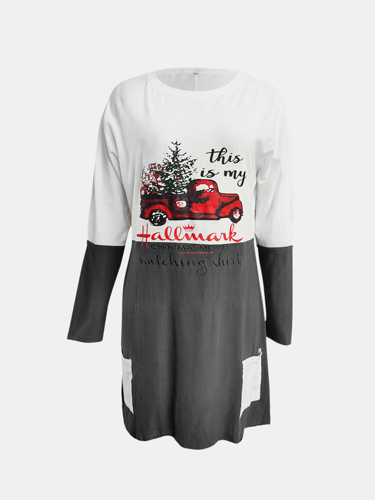 Zweifarbiges Langarm-T-Shirt mit Rundhalsausschnitt und Grafik in voller Größe