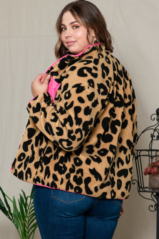 Chaqueta con cremallera de leopardo de talla grande y bolsillos