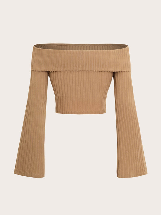 Geripptes, schulterfreies Langarm-Top