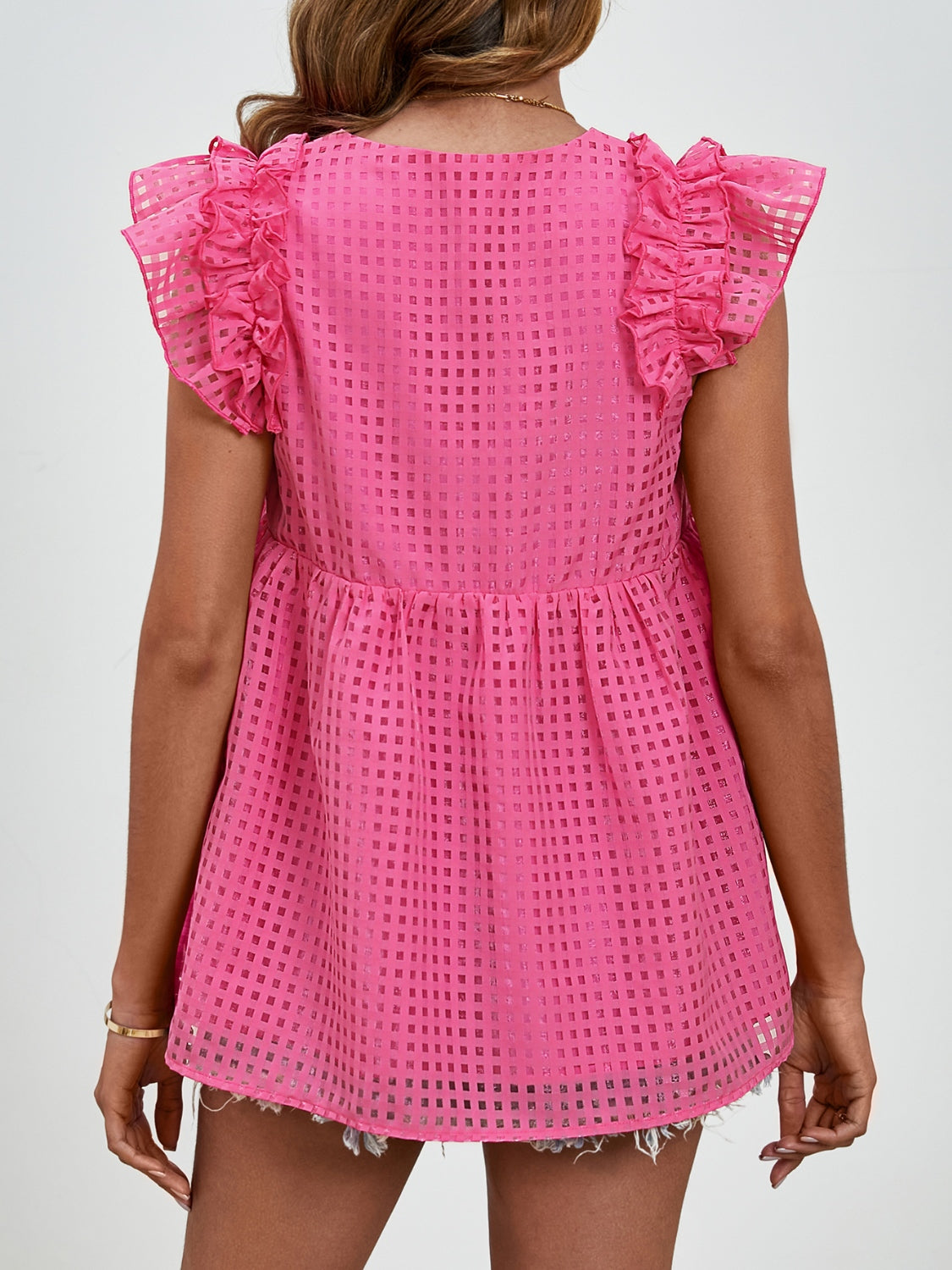 Gerüschte Bluse mit V-Ausschnitt und Flügelärmeln