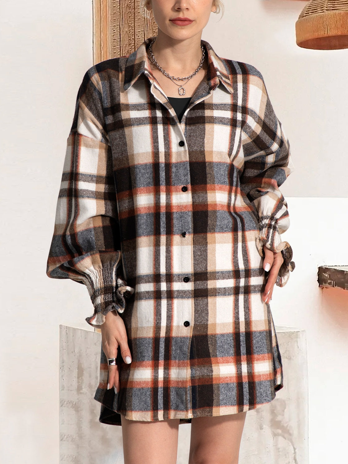 Casual Dresses Beige Plaid Shirt Dress Button Up Plaid Long Sleeve Shirt  Dress  Collections For Her