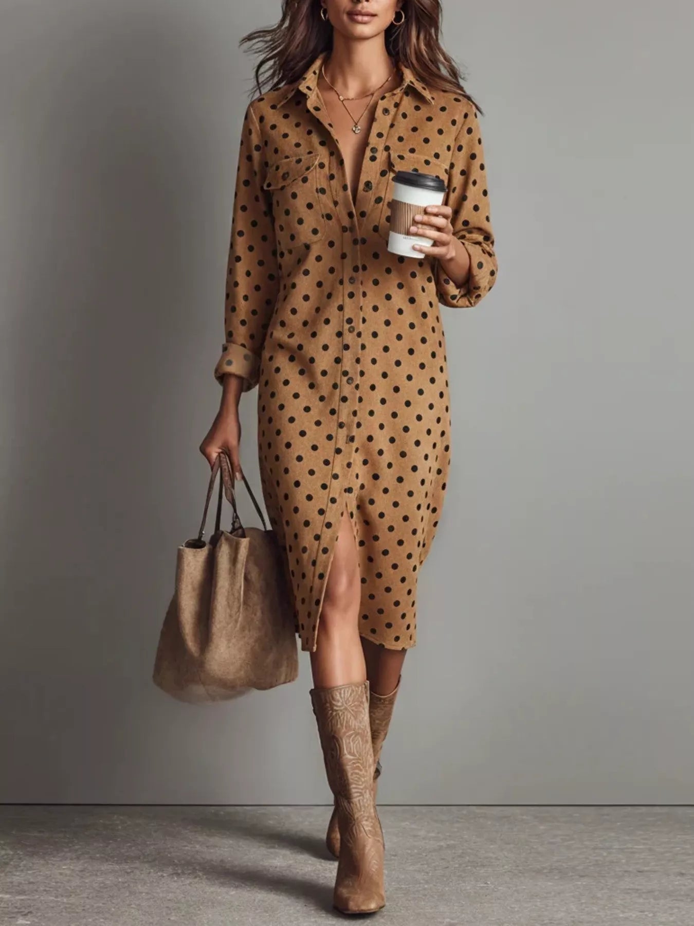Polka Dot Button-Down Midi Dress  Collections for Her