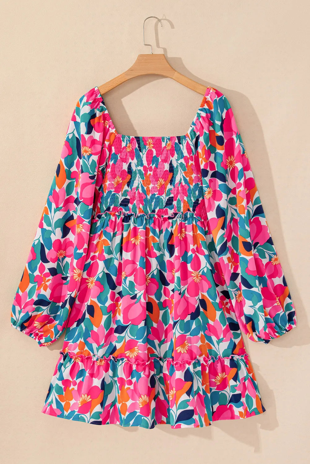 Plus Size Kleid mit gesmoktem Blumenmuster, quadratischem Ausschnitt und Ballonärmeln