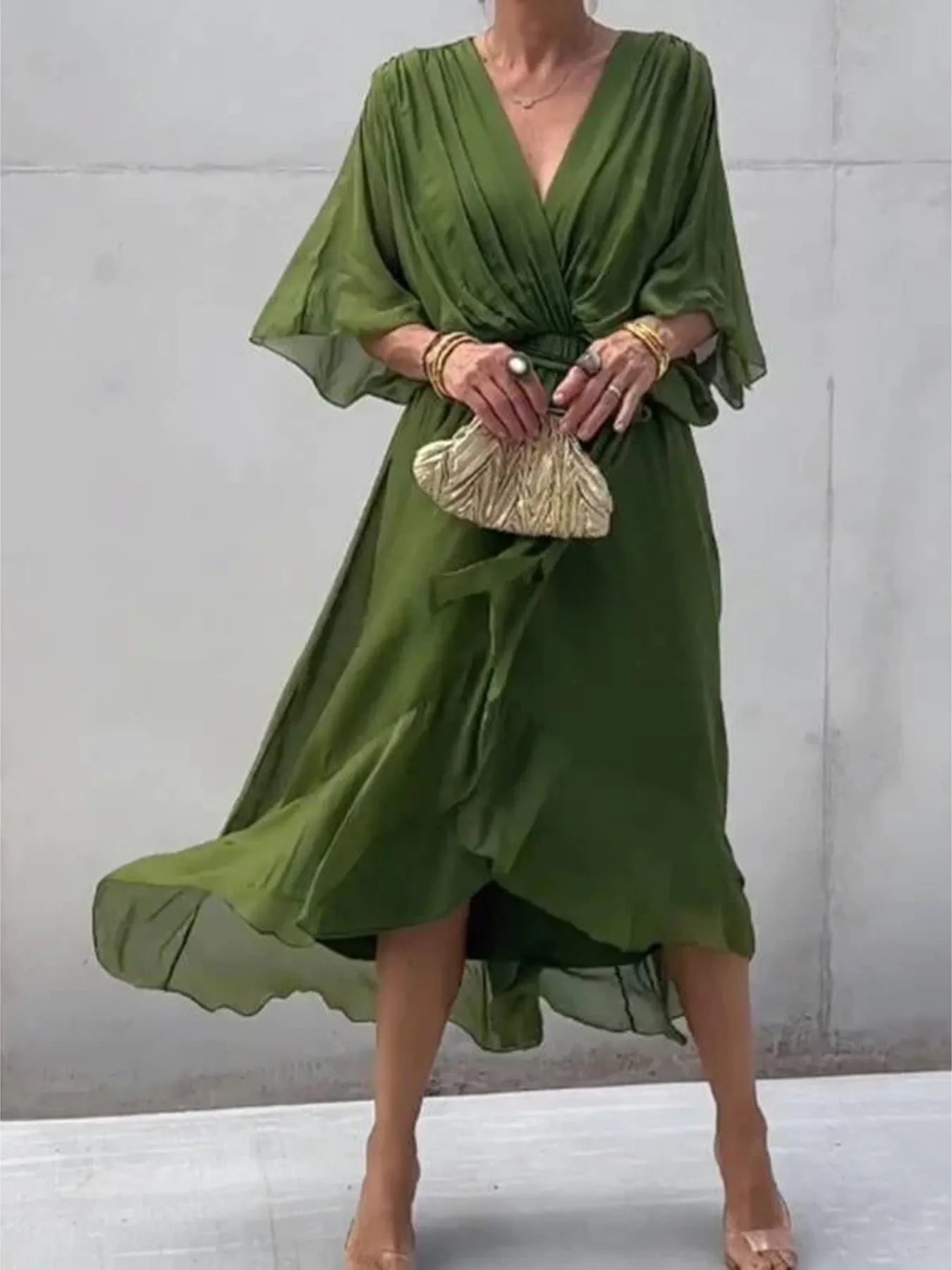 Full Size Flowy Tie Front Midi Dress with Flutter Sleeves Plus Size –  Collections for Her