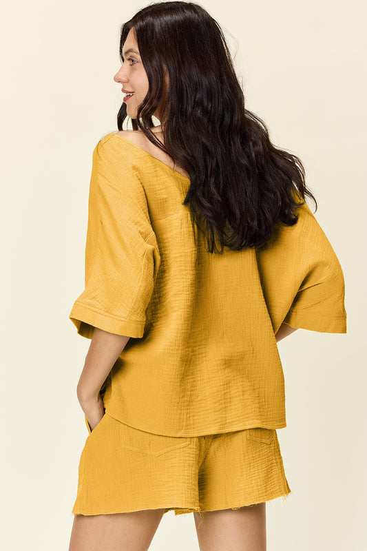 Double Take Texture Halbarm-T-Shirt und Shorts im Set mit Kordelzug