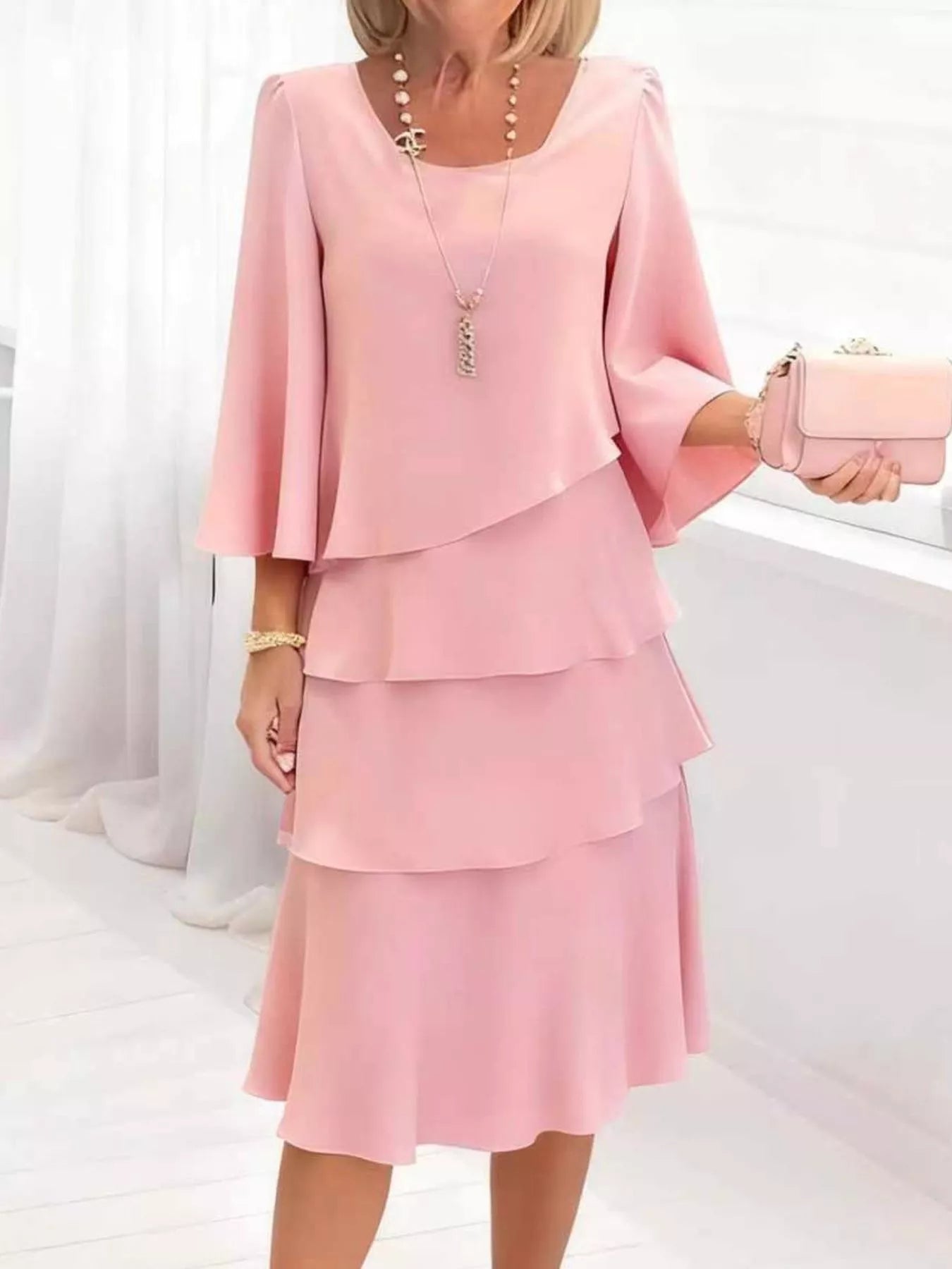 Full Size Ruffled Layered 3/4 Sleeve Dress Plus Size – Collections for Her