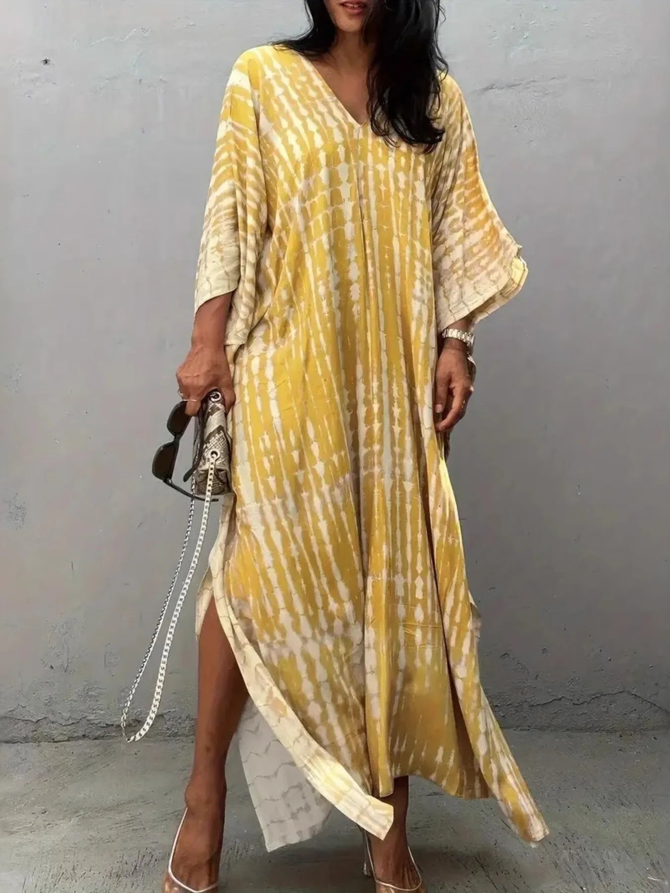 Tie-Dye V-Neck Maxi Dress with Flowy Sleeves – Collections for Her