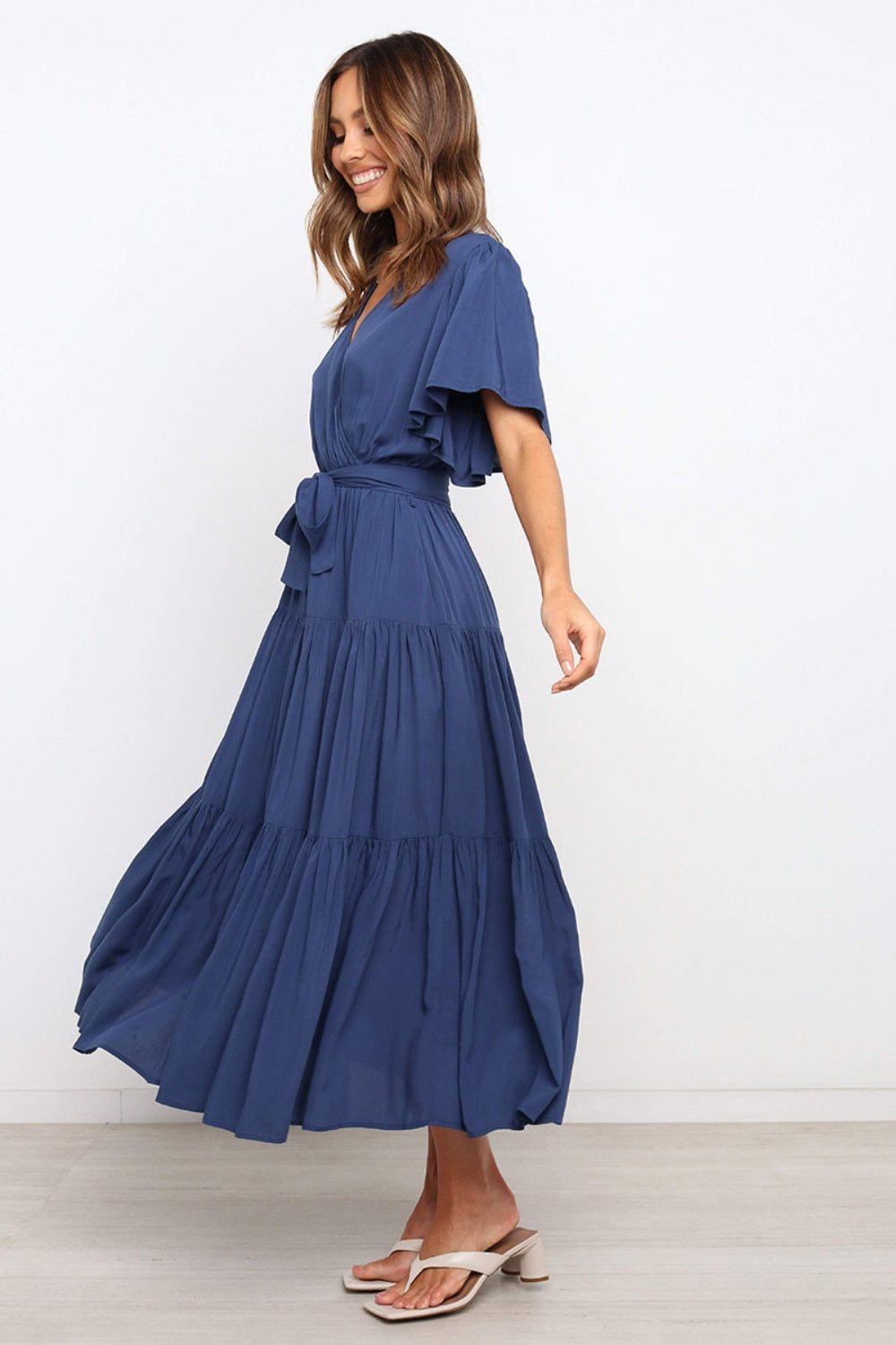 knee length dresses for ladies Flounce Sleeve Tiered Midi Dress main image 1