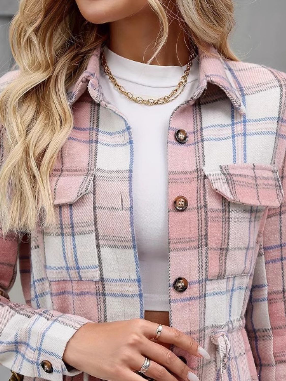 Karierte Jacke mit Knopfleiste und Kordelzug und Brusttaschen