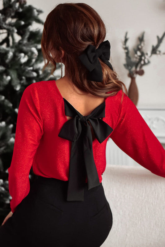 Bluse mit V-Ausschnitt und langen Ärmeln und Schleife