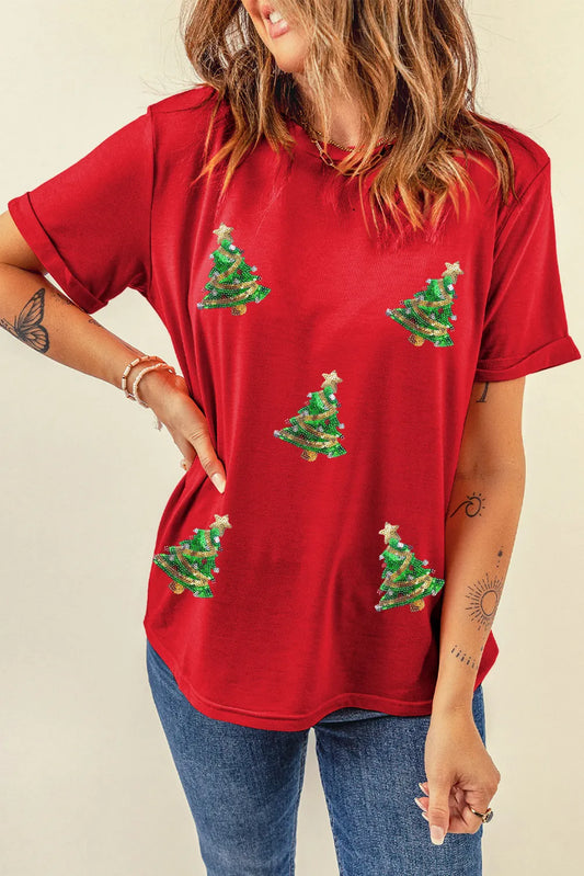 T-Shirt mit Pailletten und Weihnachtsbaum-Print