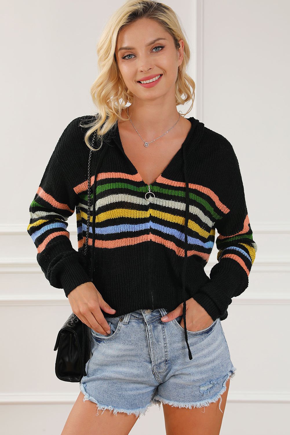 Gestreifter Strickjacke mit Kapuze und Reißverschluss
