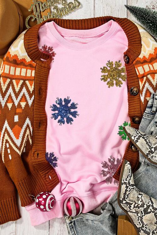 Sudadera con cuello redondo y copo de nieve con lentejuelas