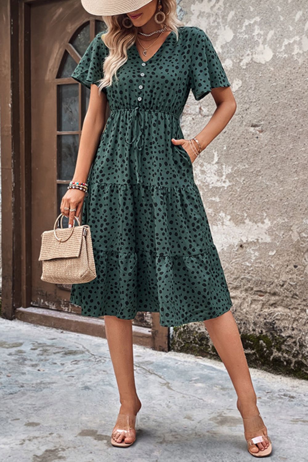 v neck flutter sleeve midi dress Printed Buttoned V-Neck Flutter Sleeve Dress – Collections for Her