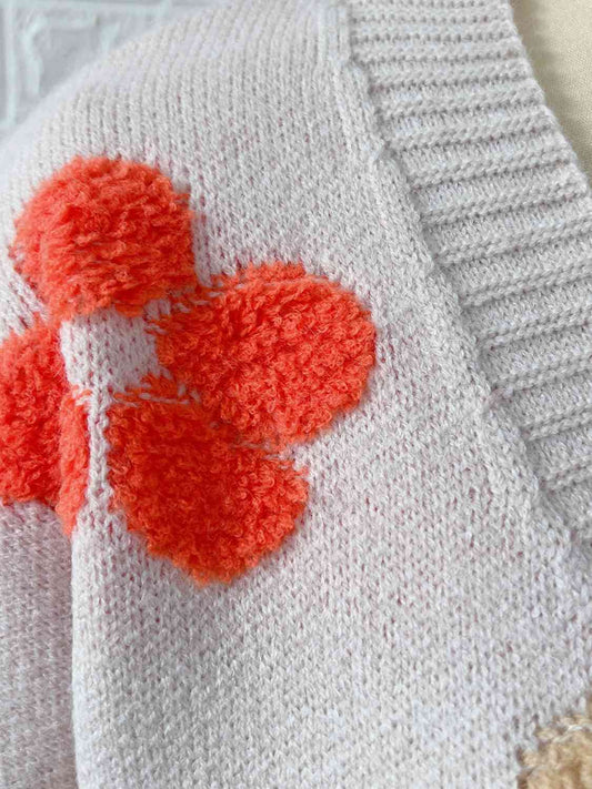 Strickjacke mit Blumenmuster, V-Ausschnitt und Knopfleiste, langen Ärmeln