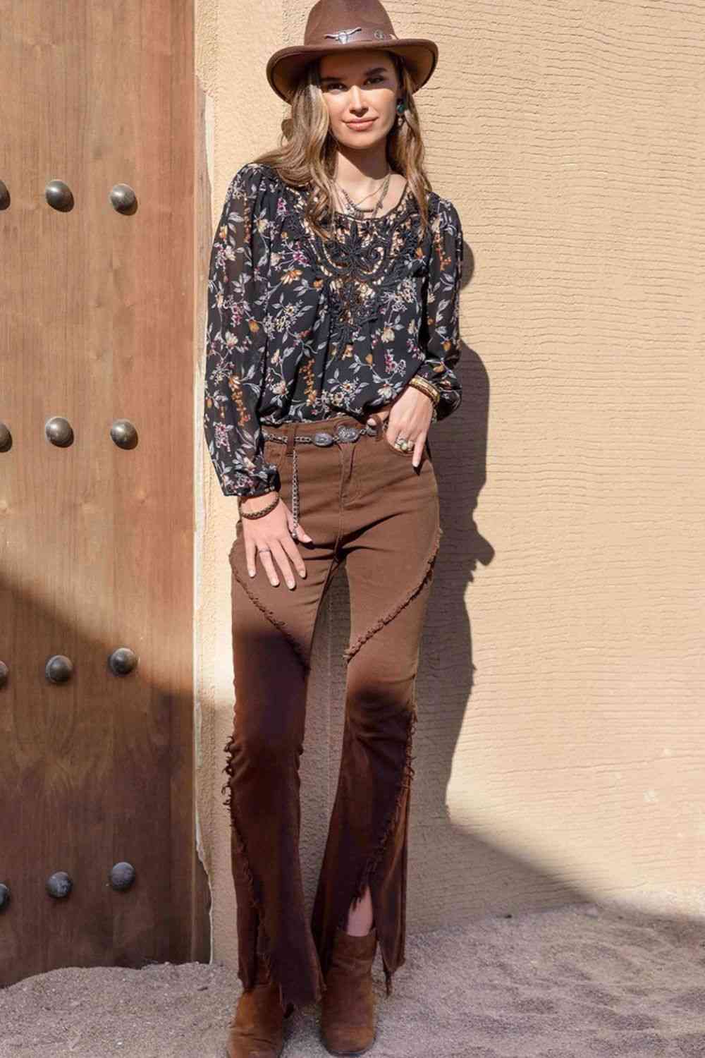 Bedruckte Langarmbluse mit Rundhalsausschnitt