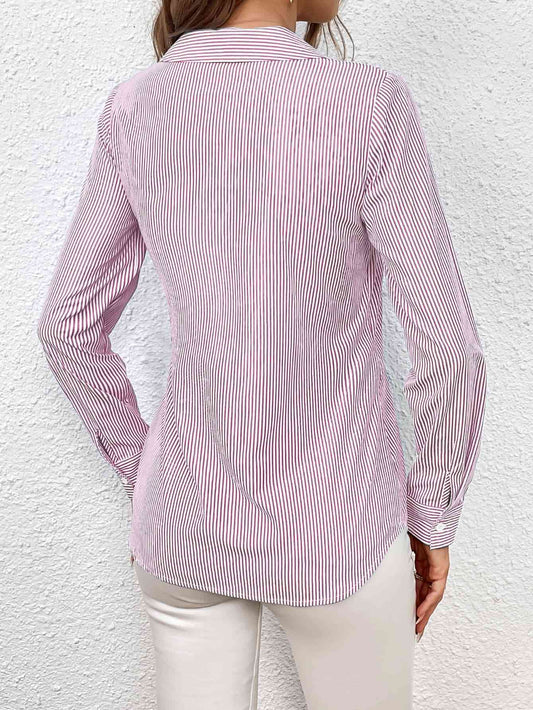 Bow Tie Waist Johnny Collar Neck Striped Blouse