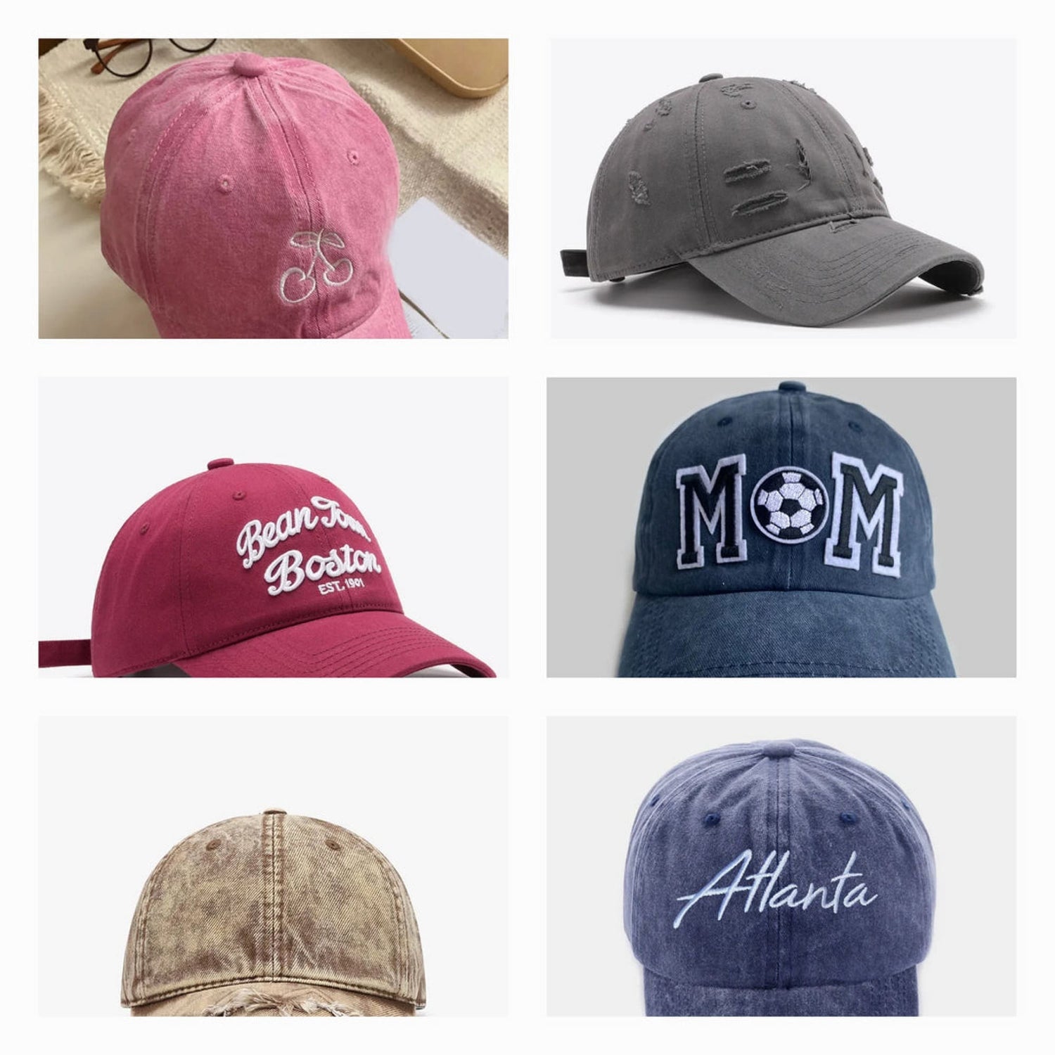 Collection of baseball caps in black, pink, beige, and navy, featuring embroidered designs and adjustable fits for a stylish, casual look.