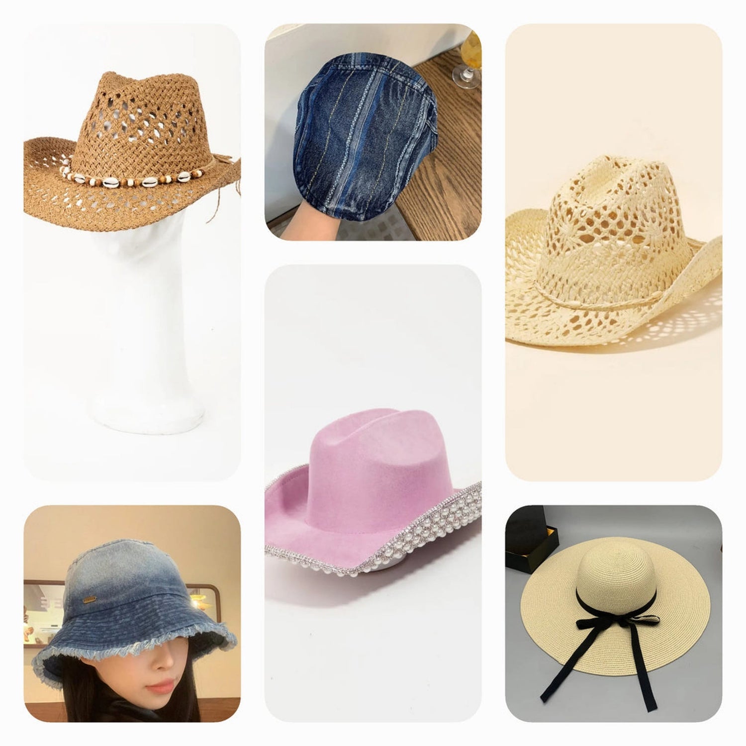 A collection of hats, including a cozy knit beanie, faux fur hat, and stylish bucket hat, perfect for staying warm and fashionable.