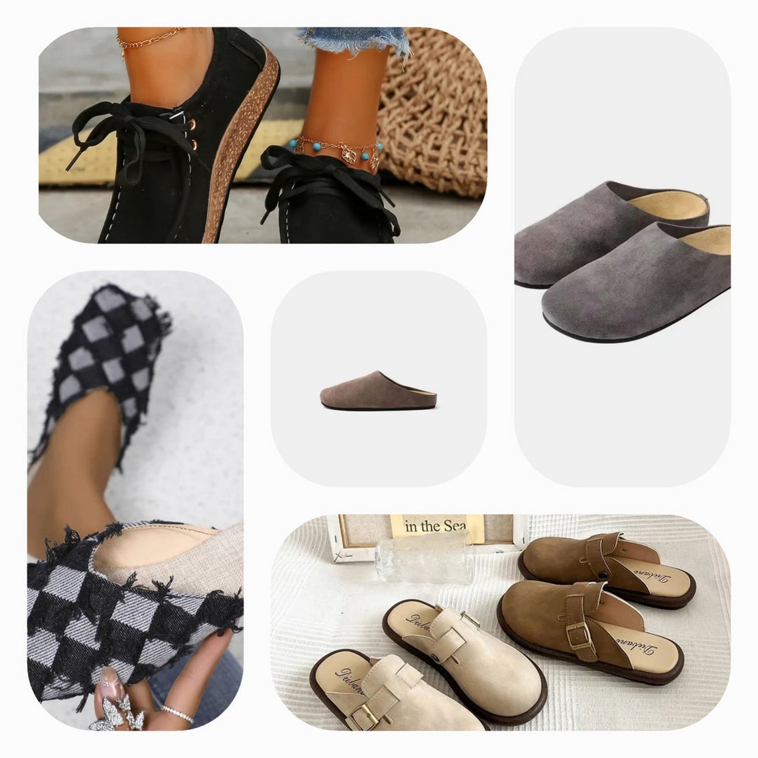 A variety of slip-on shoes, including breathable mesh sneakers, suede slip-ons, leopard print styles, and winter slip-ons, in colors such as black, tan, beige, and navy, offering comfort and easy wear for all occasions.
