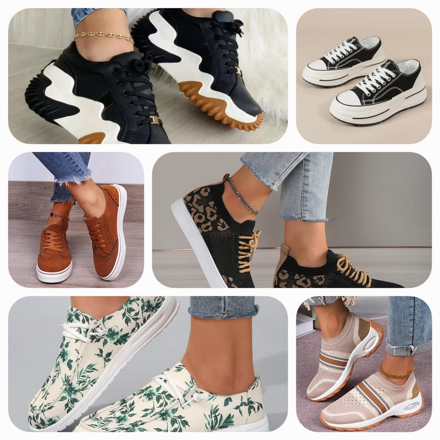 Variety of trendy sneakers, including platform, slip-on, leather, and rhinestone designs in colors like white, black, pink, and more