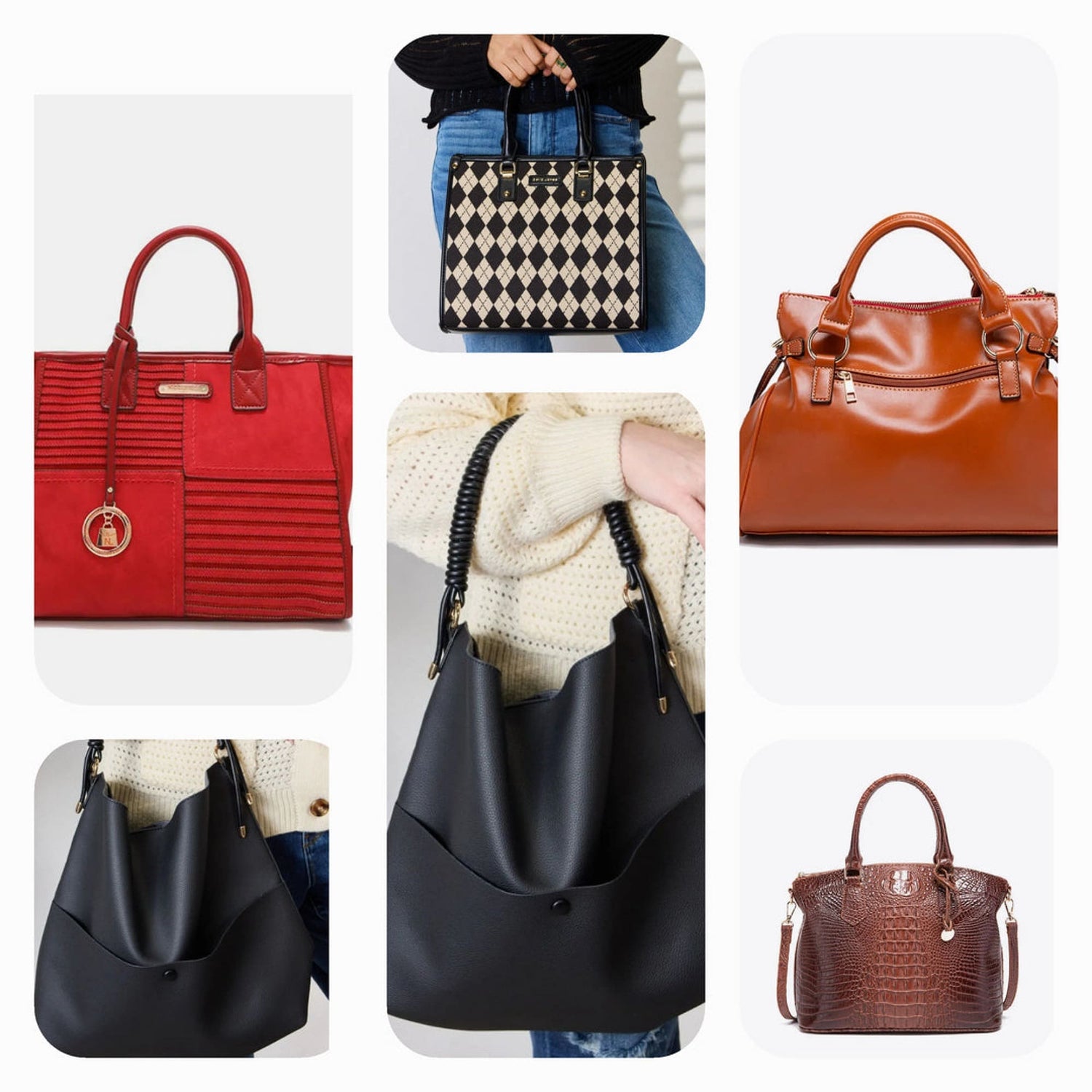 A collection of stylish handbags, including black, white, and red purses, shoulder bags, and totes in various designs and sizes.
