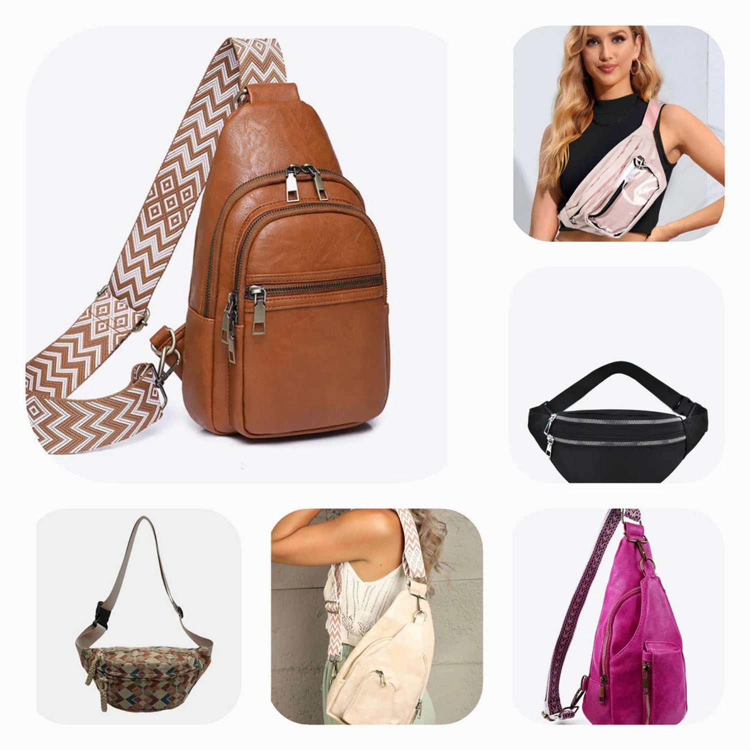 A collection of sling bags, including leather, canvas, and nylon options, displayed in various colors like black, brown, and pink, highlighting different sizes and styles.
