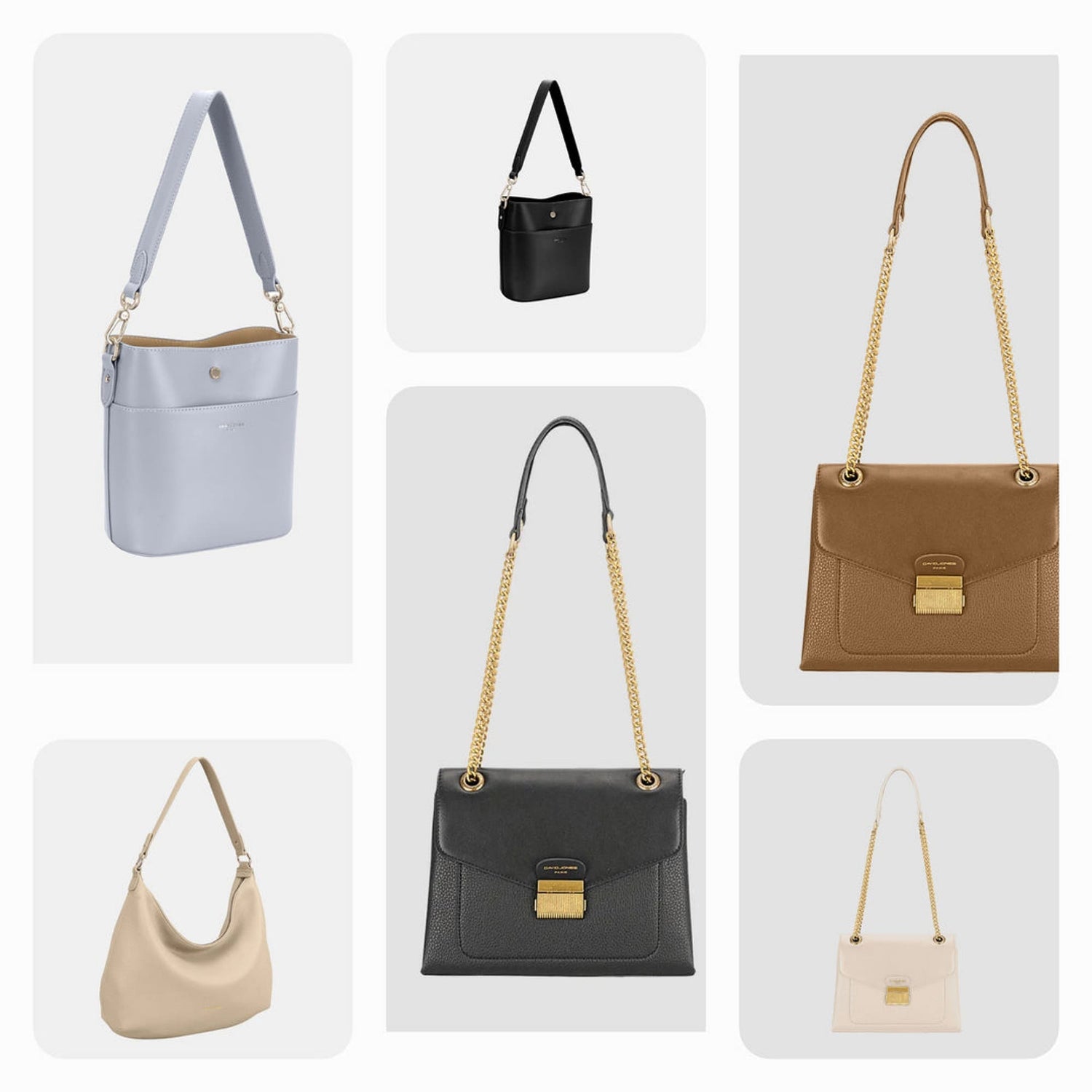A variety of stylish shoulder bags, including leather and suede options in black, pink, and brown, featuring chain straps, totes, and crossbody designs for both casual and travel needs.