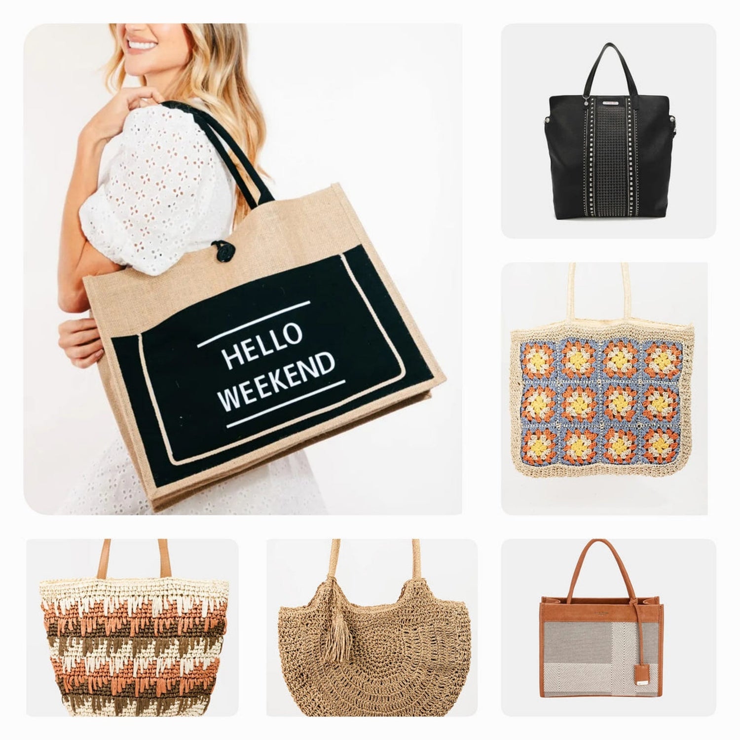 A collection of tote bags, perfect for travel or daily use with a sleek and sophisticated design.