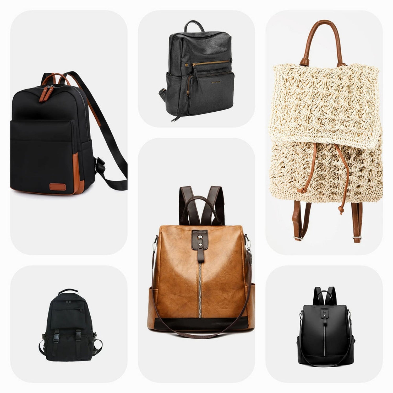 A variety of backpacks in different styles and colors, including black, pink, navy, and beige, showcasing travel backpacks, business backpacks, and trendy sling bags for everyday use.