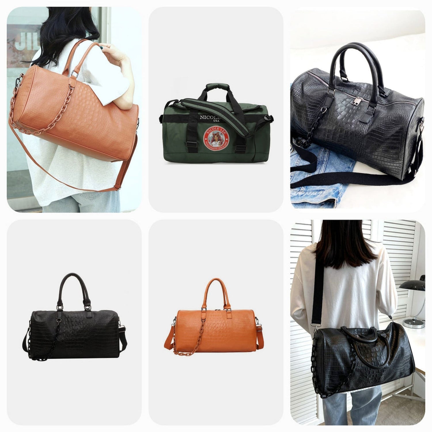 A selection of stylish duffle bags, including weekender bags, travel duffles with wheels, and brown leather options, ideal for both business and leisure travel.