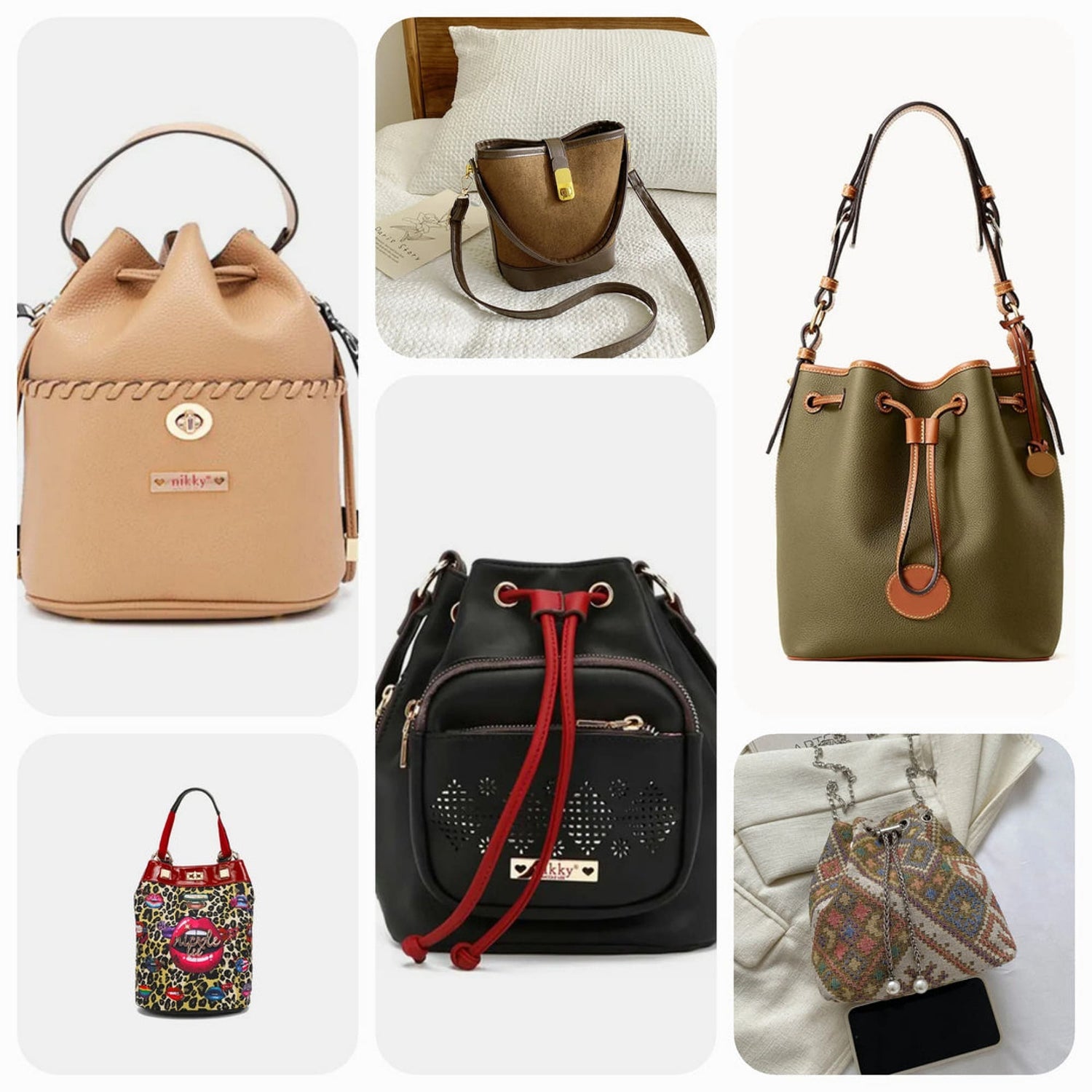 A variety of fashionable bucket bags including leather crossbody, drawstring, and tote styles in black, white, blue, and other trendy colors. Perfect for everyday use or special occasions.