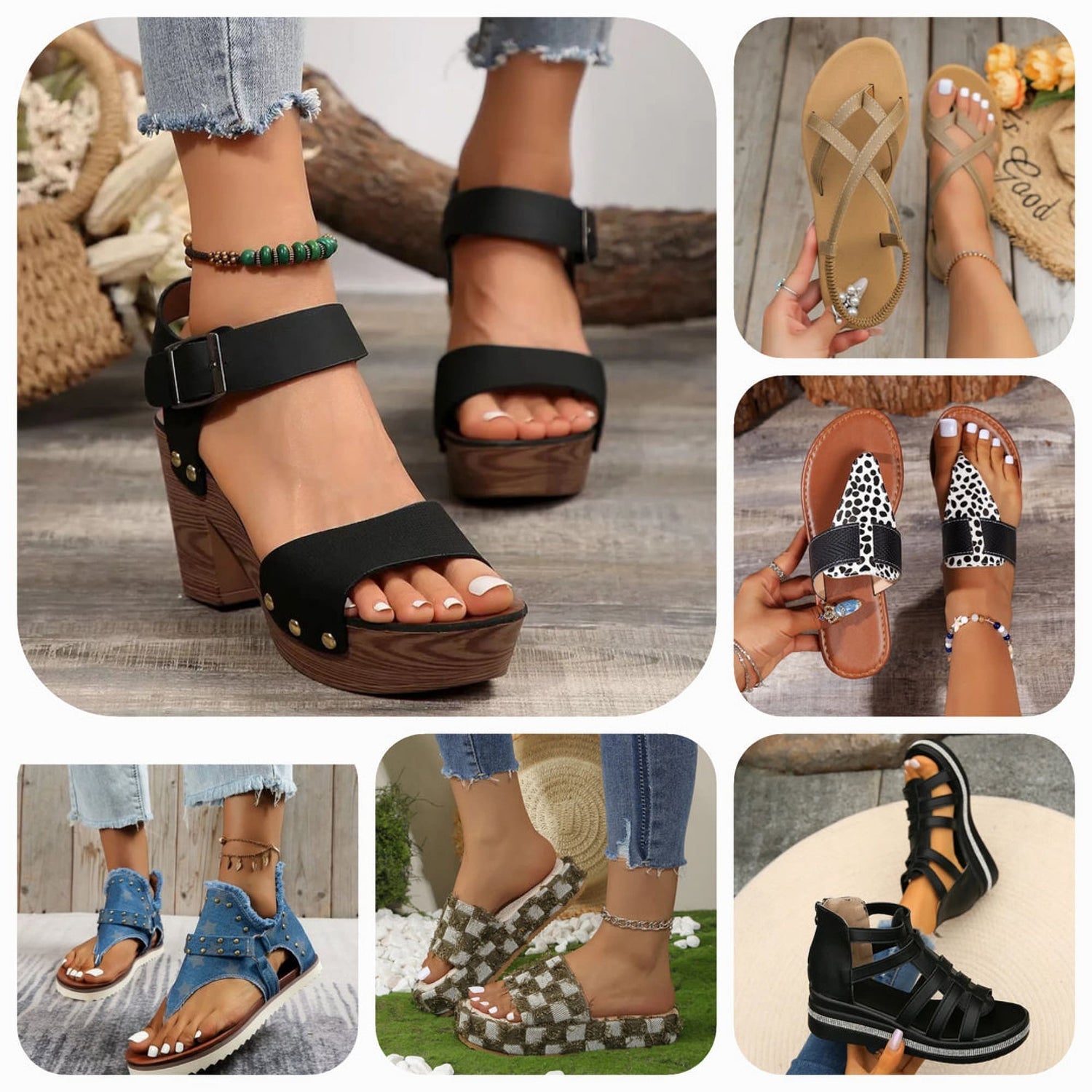 A variety of women's sandals and flip flops in vibrant colors, including gold, pink, black, and multicolor options, perfect for summer, casual wear, and beach days.